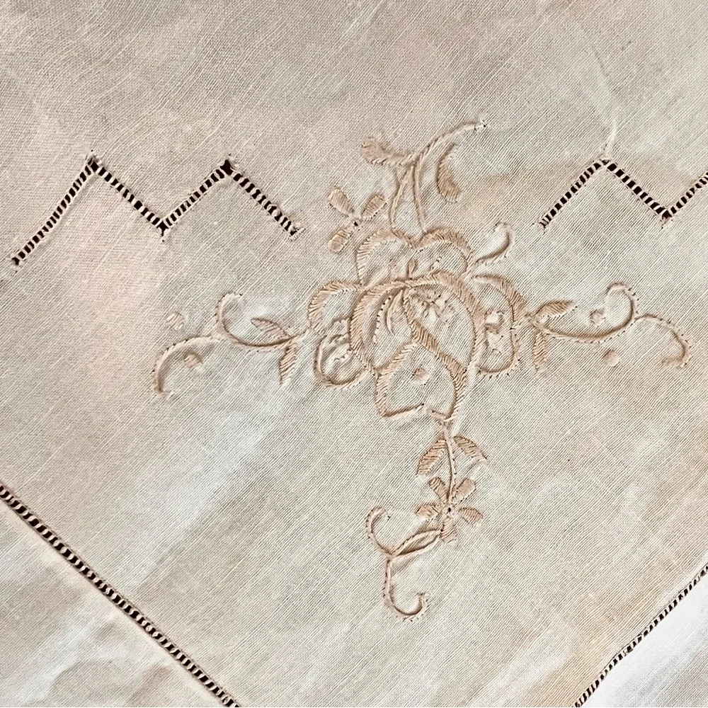 Vtg NWT Off White Embroidery Flowers Cut Out‎ Linen Round Tablecloth Large 64”
